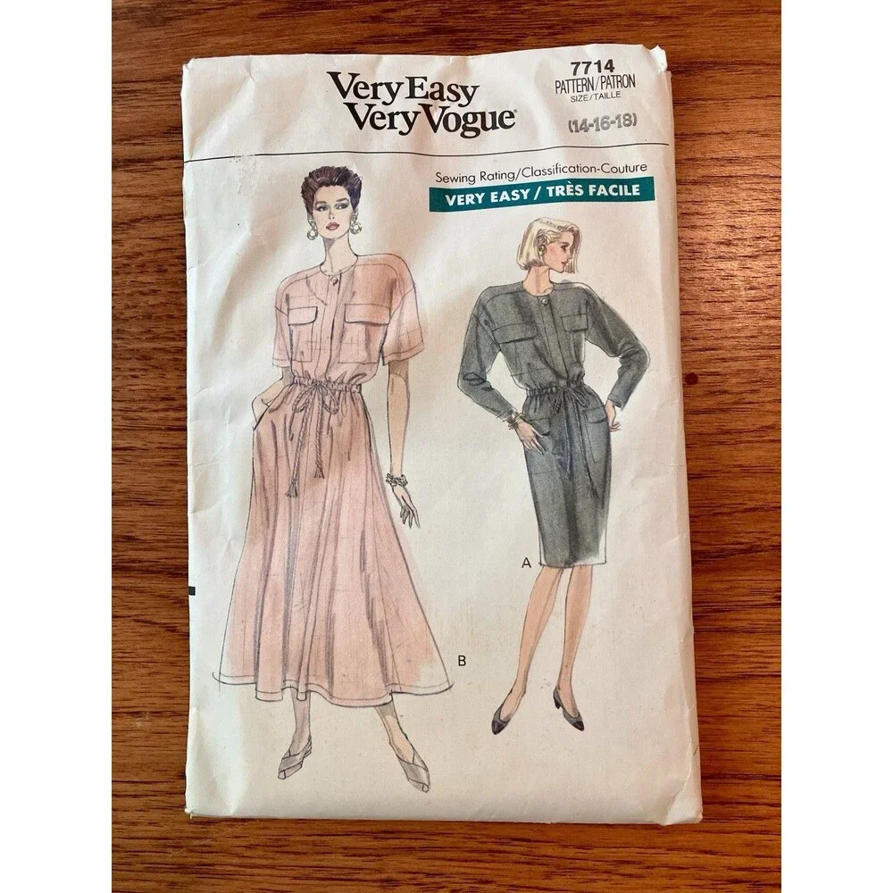 Very Easy Very Vogue Sewing Pattern 7714 Misses' Petite Dress Size 14-16-18 1990
